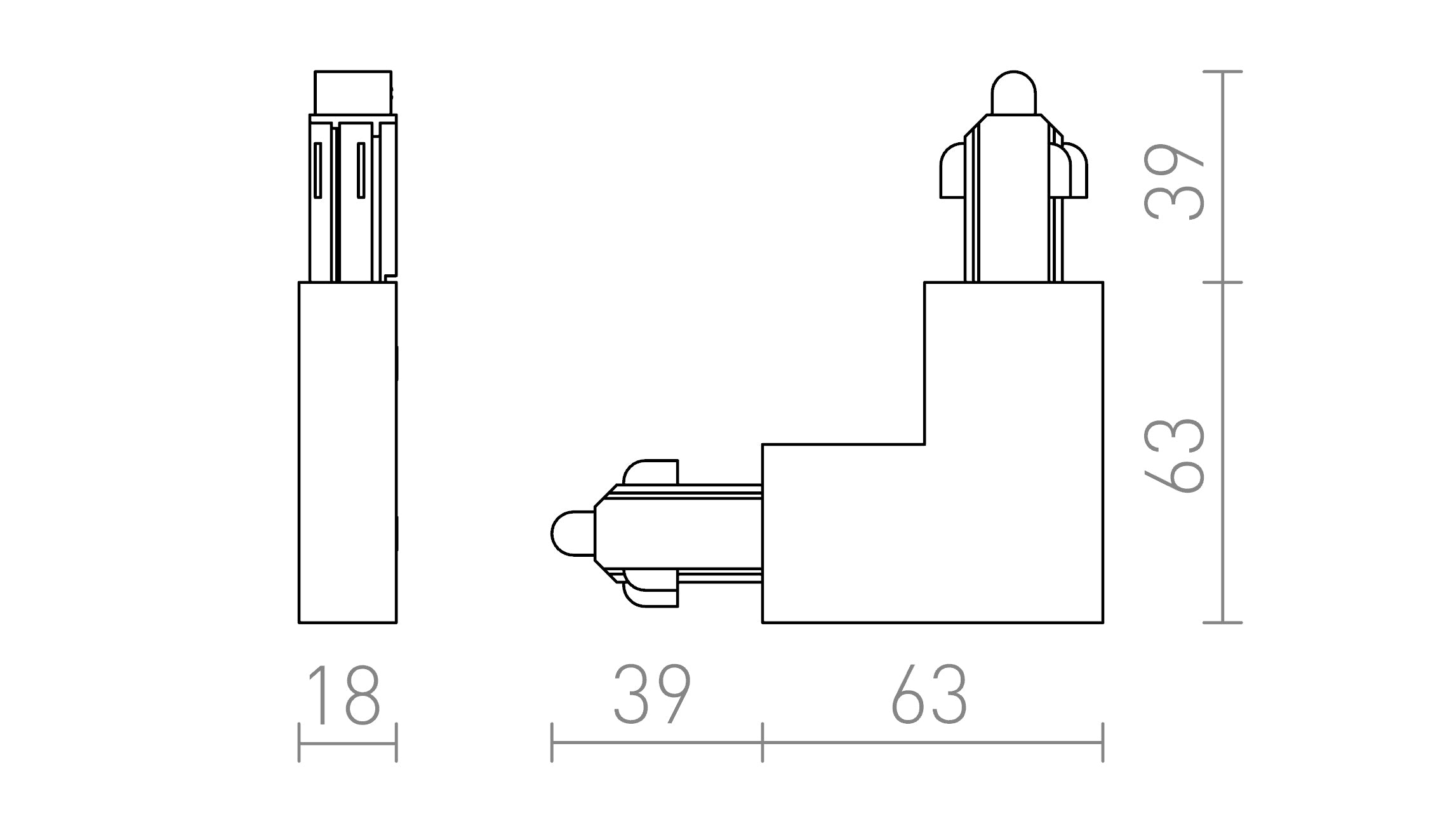 L-CONNECTOR FOR 1-CIRCUIT TRACK (OUTER POLARITY) - Product sketch