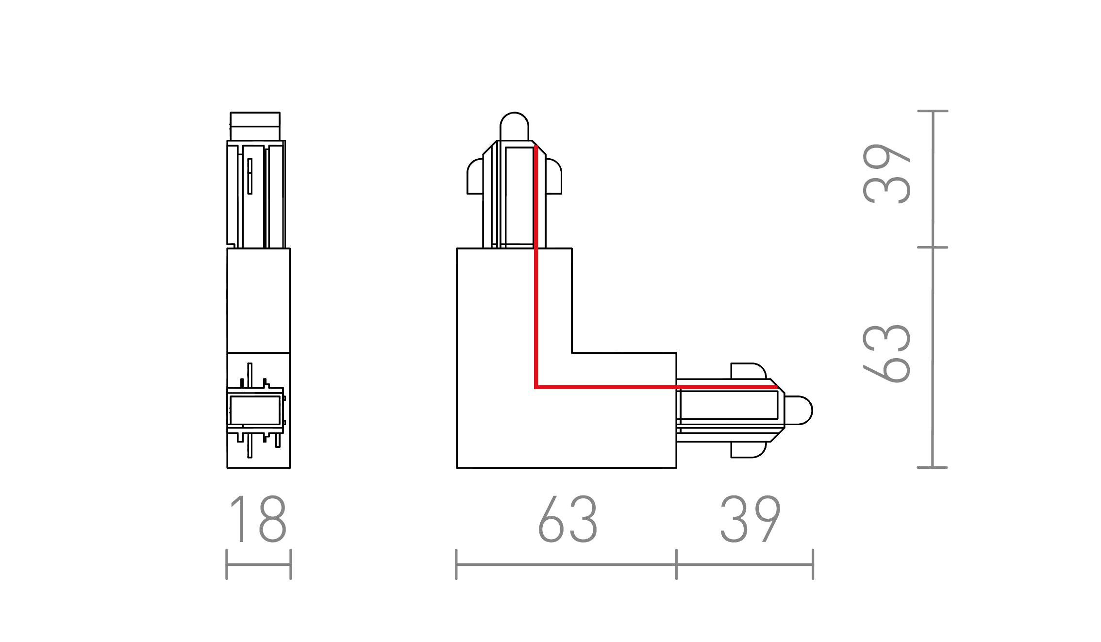 L-CONNECTOR FOR 1-CIRCUIT TRACK (OUTER POLARITY) - Product sketch